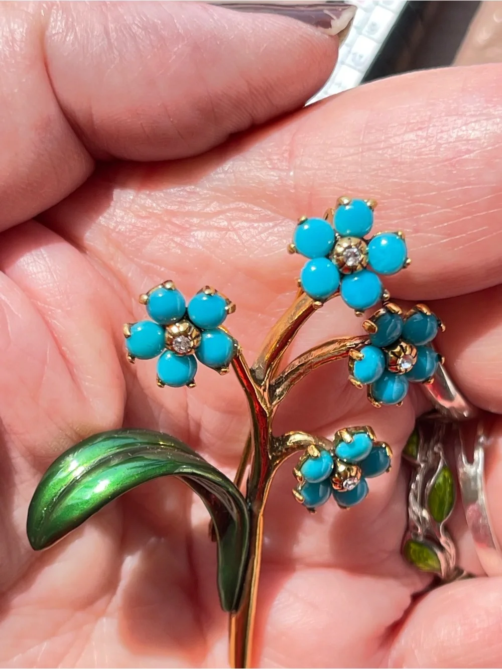 Vintage MMA Forget Me Not Brooch Faux Turquoise Enamel Rhinestone Brooch